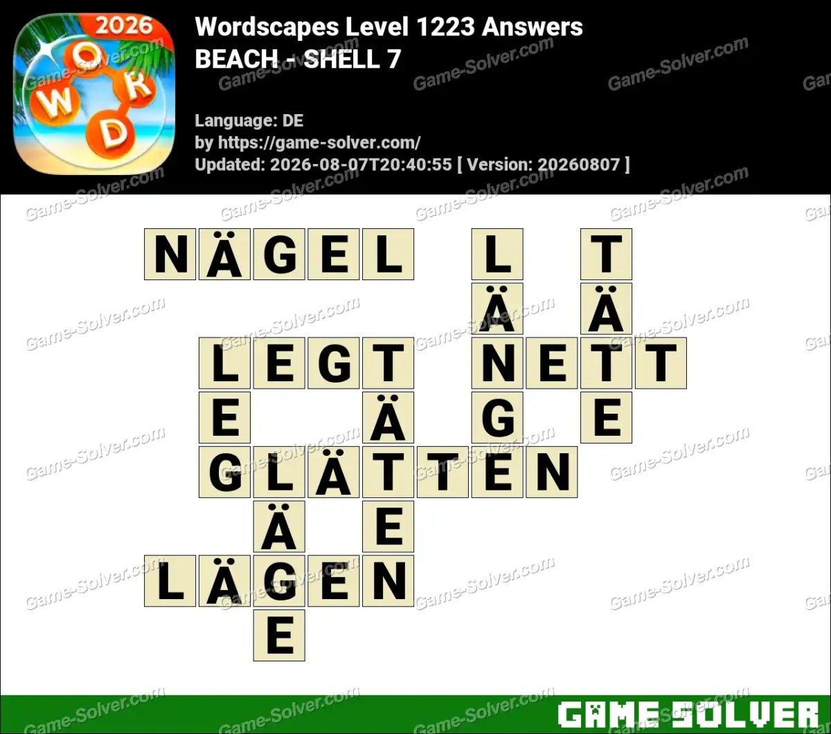 Wordscapes Deutsche Level 1223 Answers — BEACH - SHELL 7