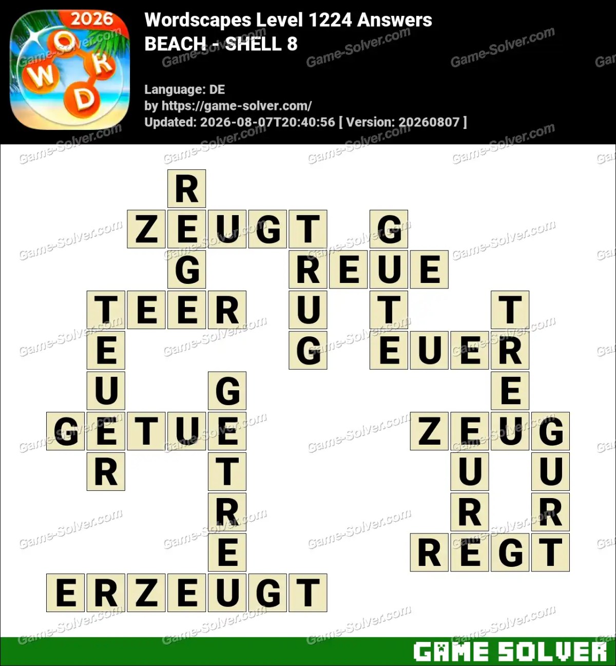 Wordscapes Deutsche Level 1224 Answers — BEACH - SHELL 8