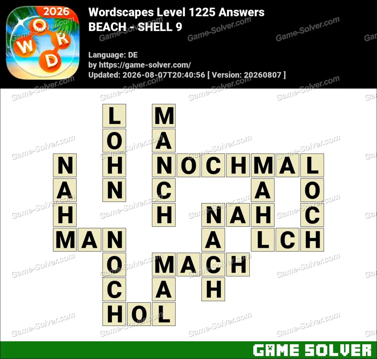 Wordscapes Deutsche Level 1225 Answers — BEACH - SHELL 9