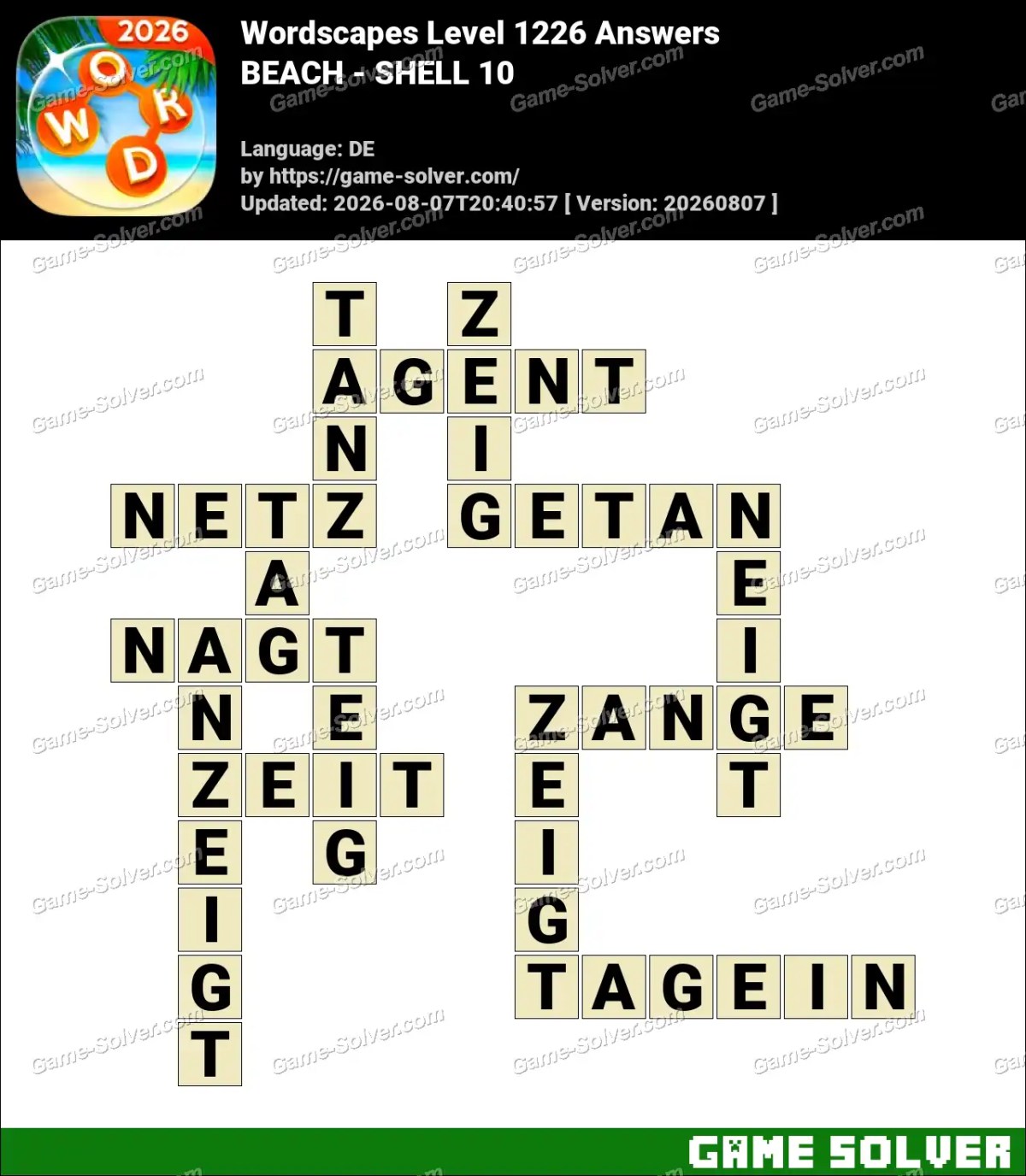 Wordscapes Deutsche Level 1226 Answers — BEACH - SHELL 10