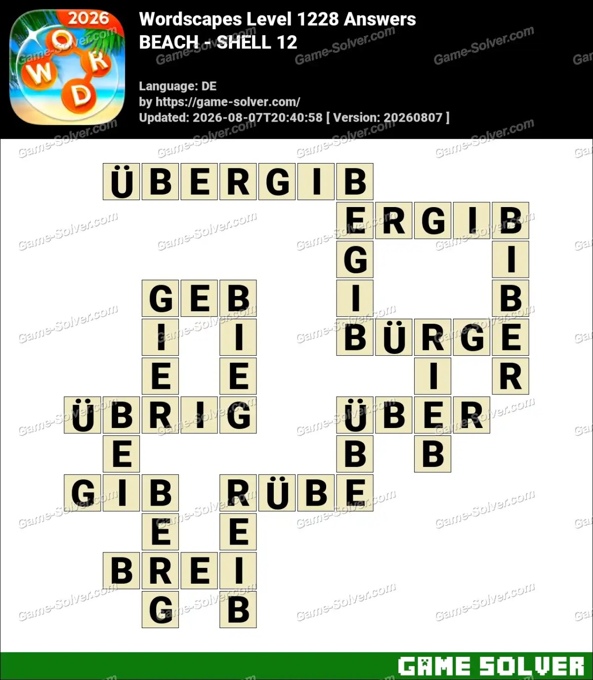 Wordscapes Deutsche Level 1228 Answers — BEACH - SHELL 12