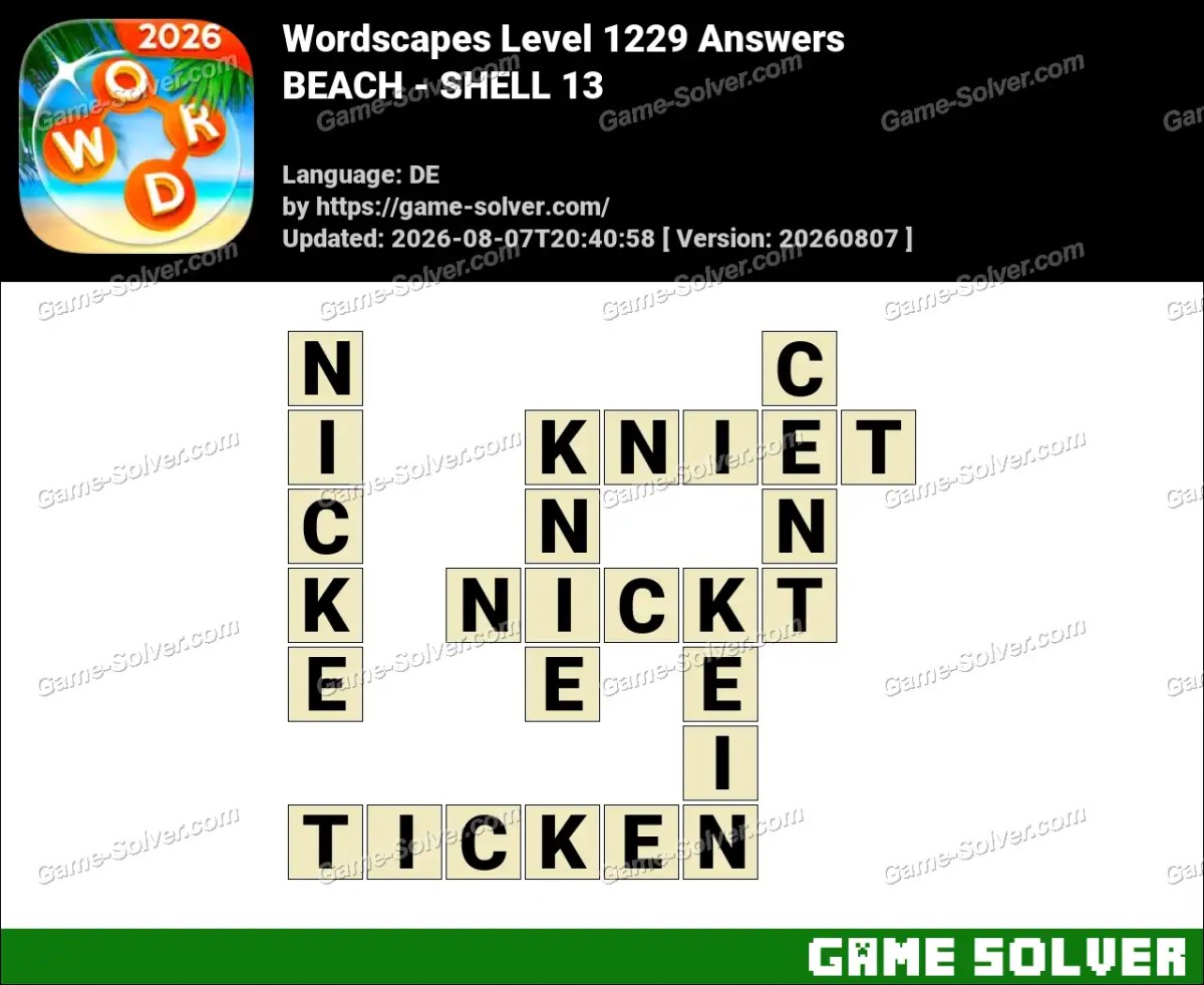 Wordscapes Deutsche Level 1229 Answers — BEACH - SHELL 13