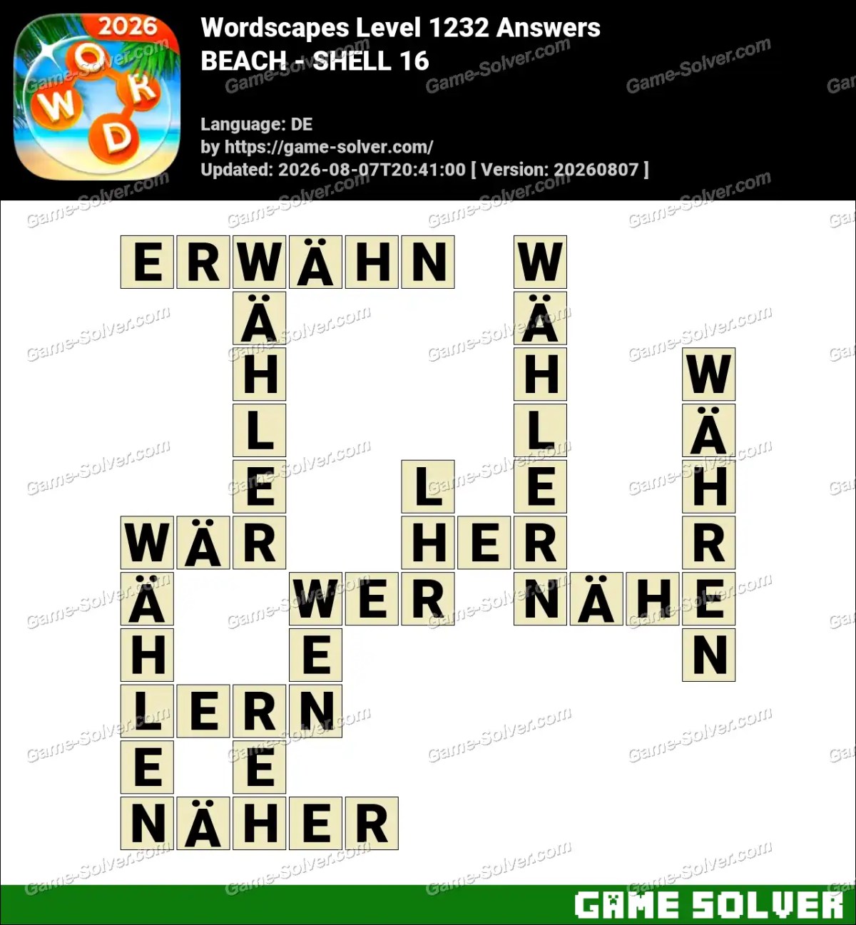Wordscapes Deutsche Level 1232 Answers — BEACH - SHELL 16