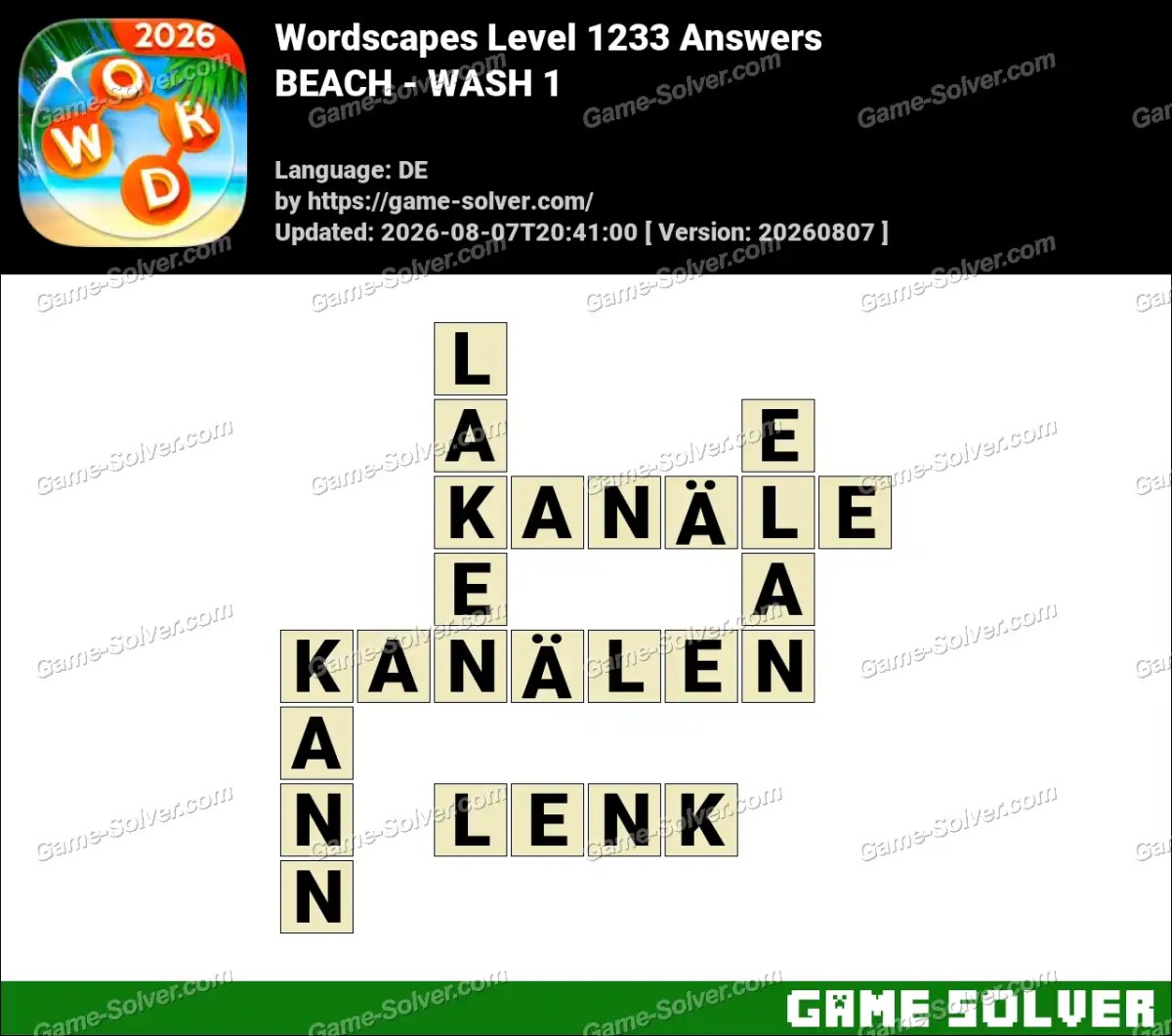 Wordscapes Deutsche Level 1233 Answers — BEACH - WASH 1