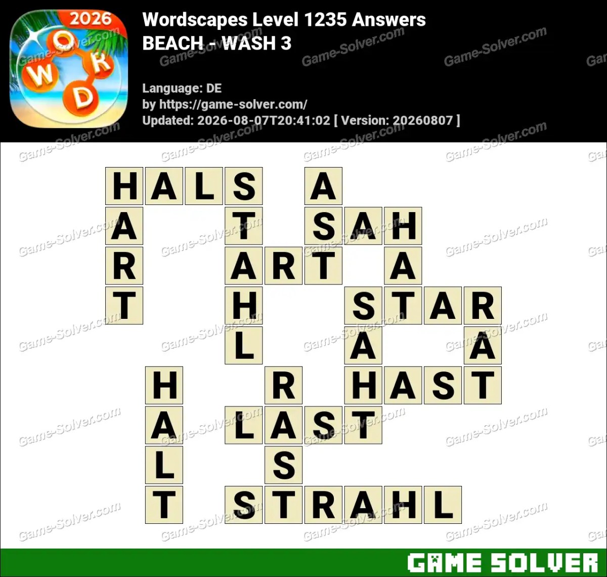 Wordscapes Deutsche Level 1235 Answers — BEACH - WASH 3