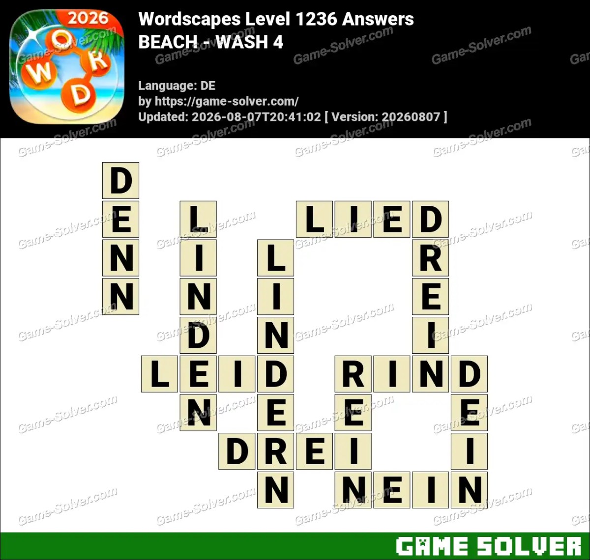 Wordscapes Deutsche Level 1236 Answers — BEACH - WASH 4