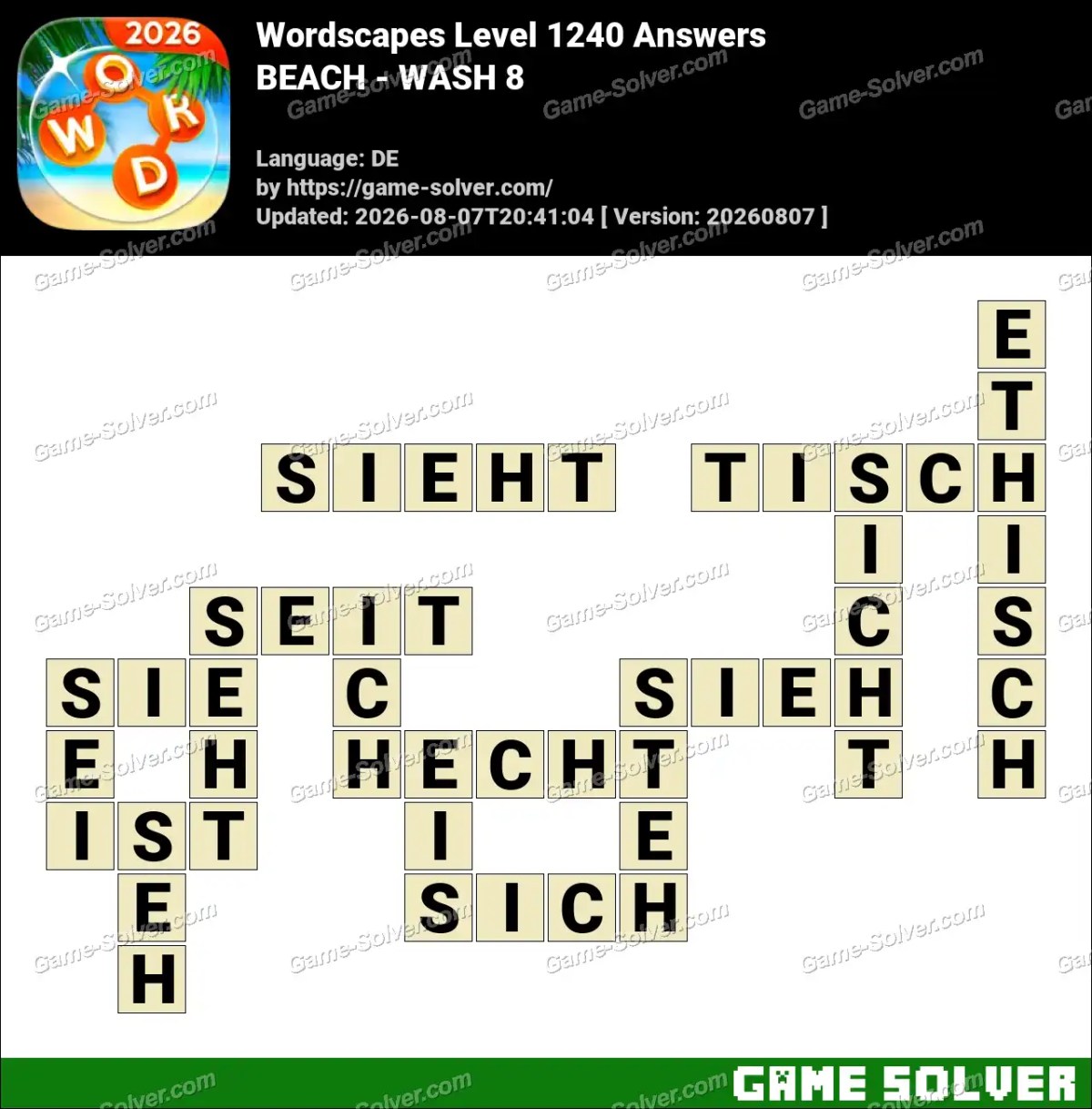 Wordscapes Deutsche Level 1240 Answers — BEACH - WASH 8