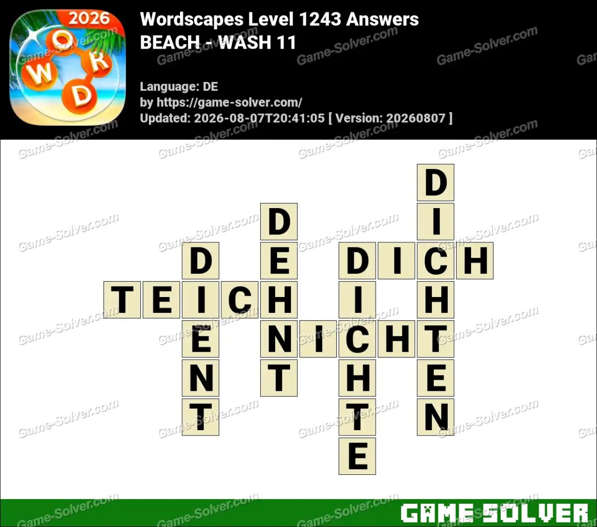 Wordscapes Deutsche Level 1243 Answers — BEACH - WASH 11