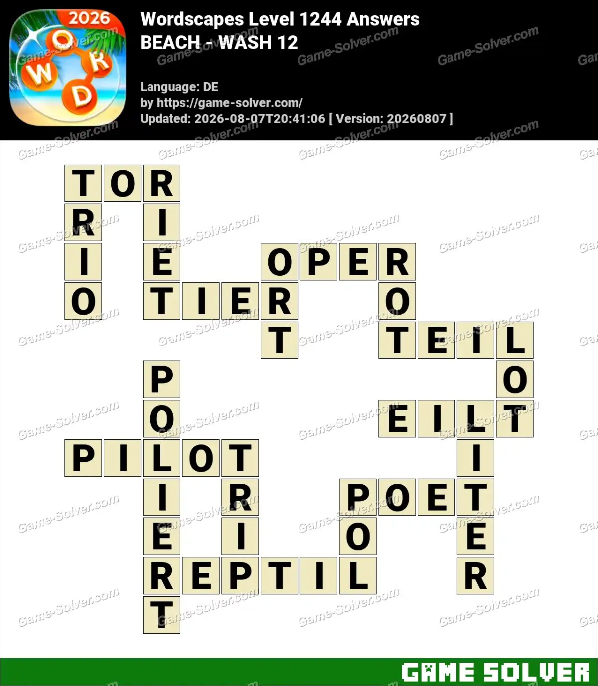 Wordscapes Deutsche Level 1244 Answers — BEACH - WASH 12