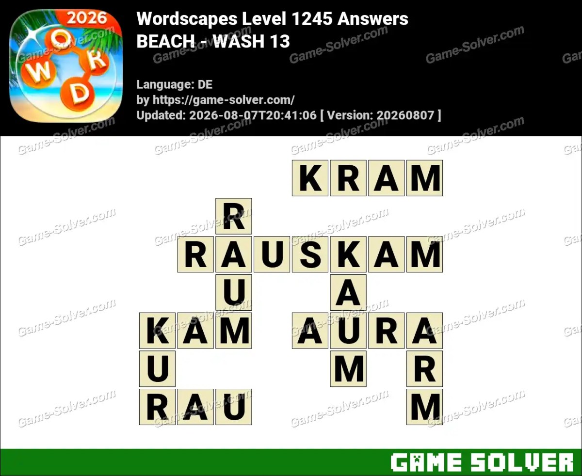 Wordscapes Deutsche Level 1245 Answers — BEACH - WASH 13
