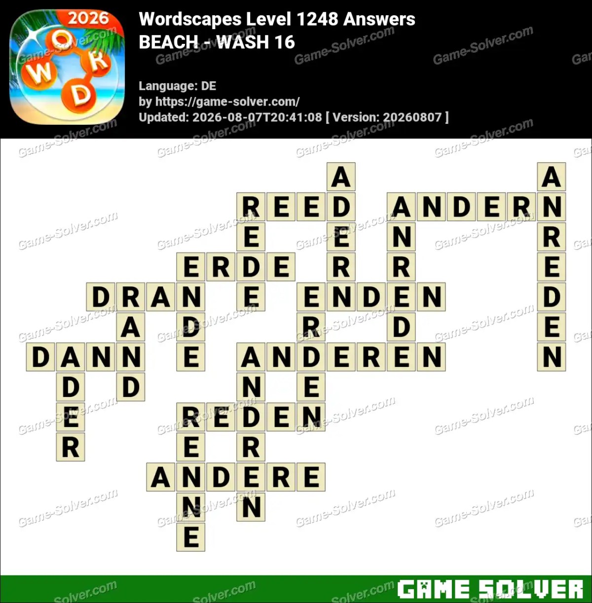 Wordscapes Deutsche Level 1248 Answers — BEACH - WASH 16