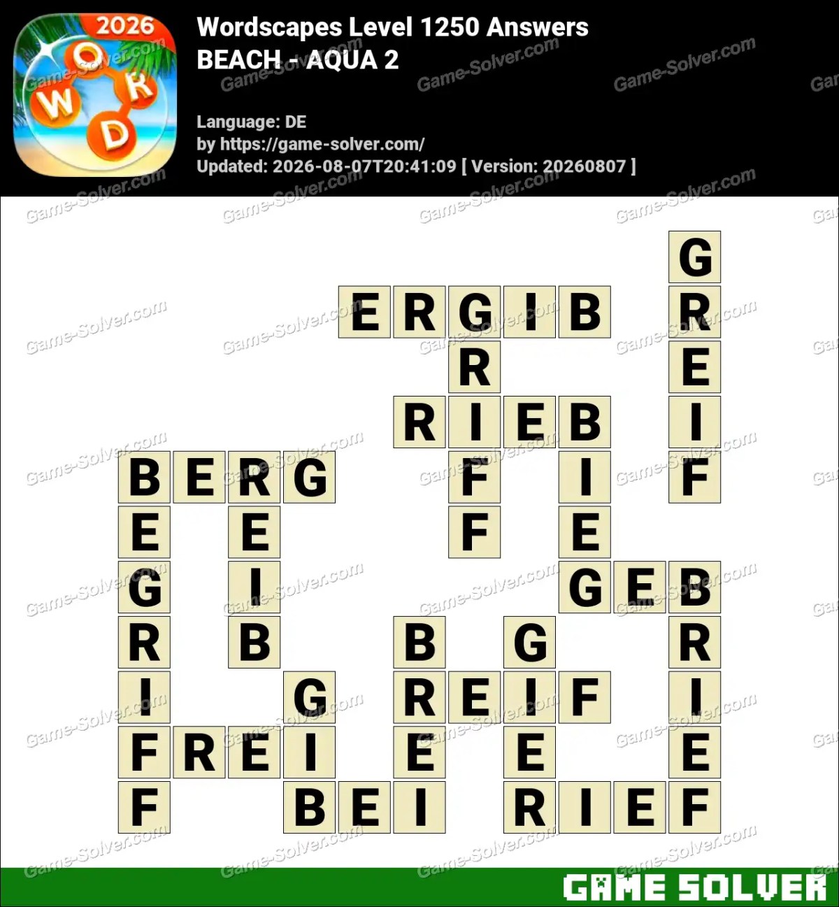 Wordscapes Deutsche Level 1250 Answers — BEACH - AQUA 2