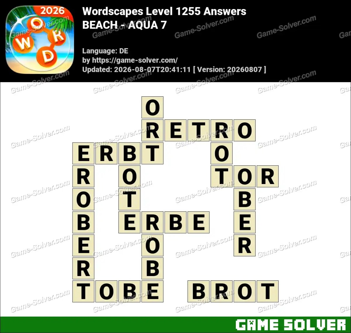 Wordscapes Deutsche Level 1255 Answers — BEACH - AQUA 7