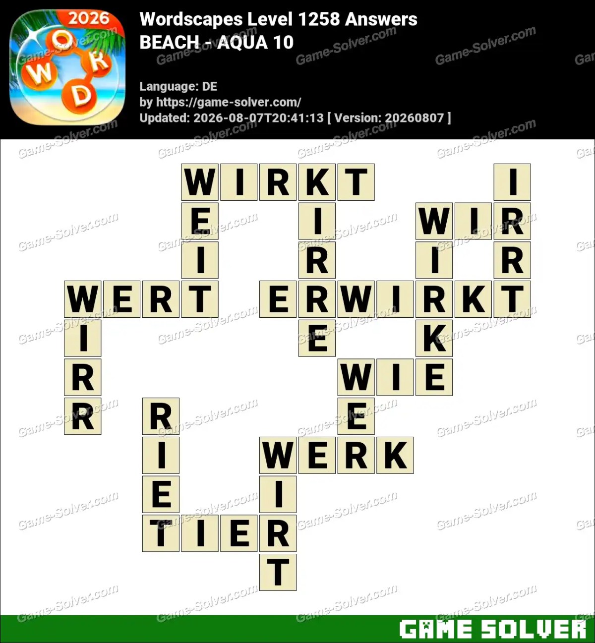 Wordscapes Deutsche Level 1258 Answers — BEACH - AQUA 10