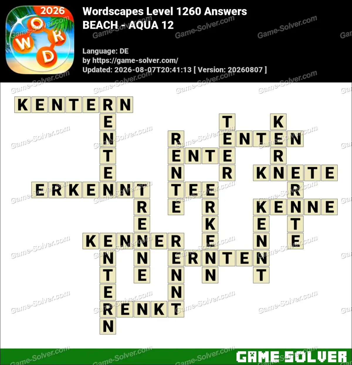 Wordscapes Deutsche Level 1260 Answers — BEACH - AQUA 12