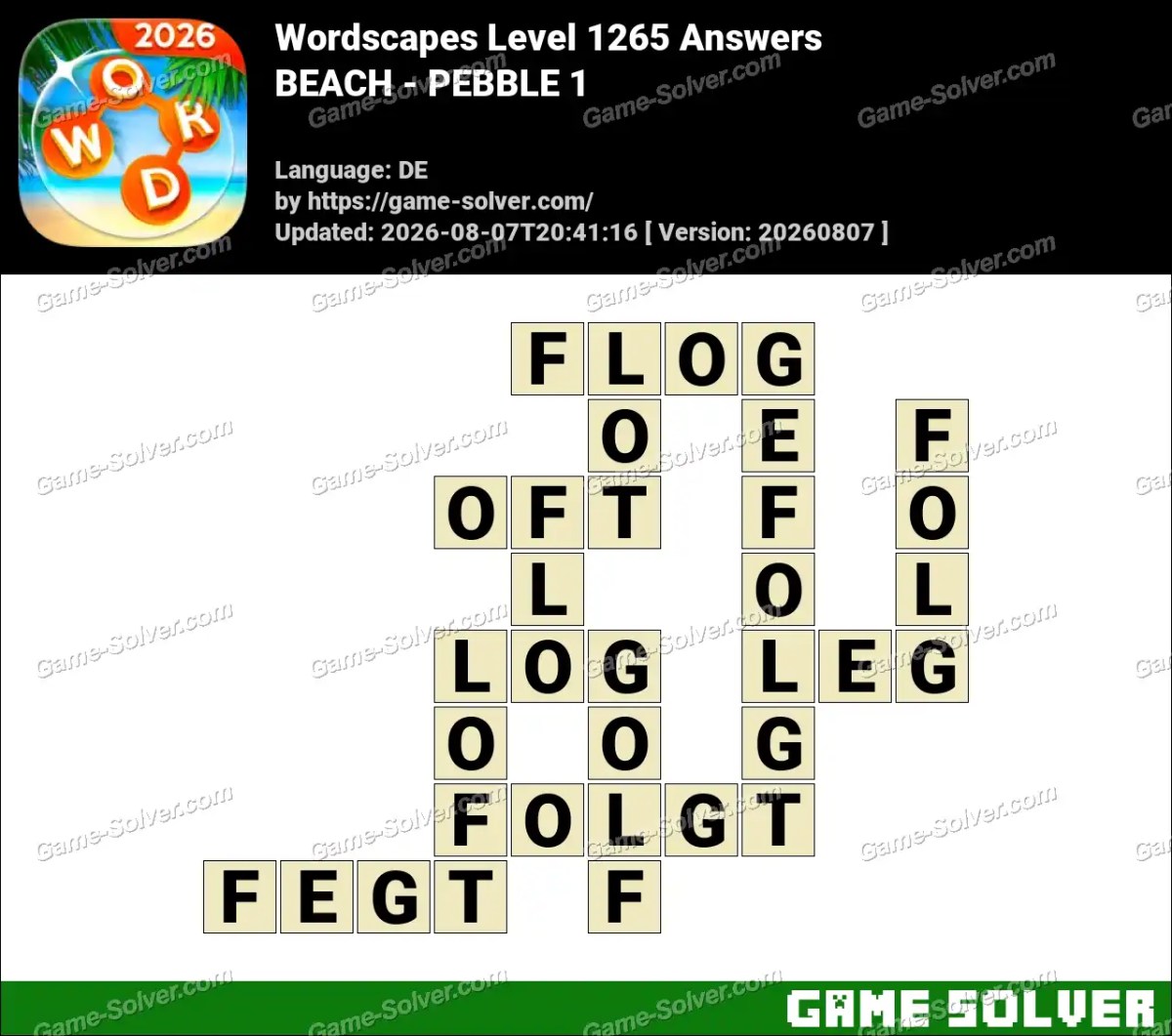 Wordscapes Deutsche Level 1265 Answers — BEACH - PEBBLE 1