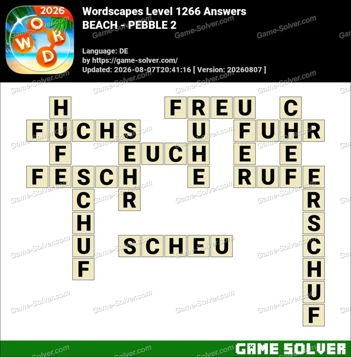 Wordscapes Deutsche Level 1266 Answers — BEACH - PEBBLE 2