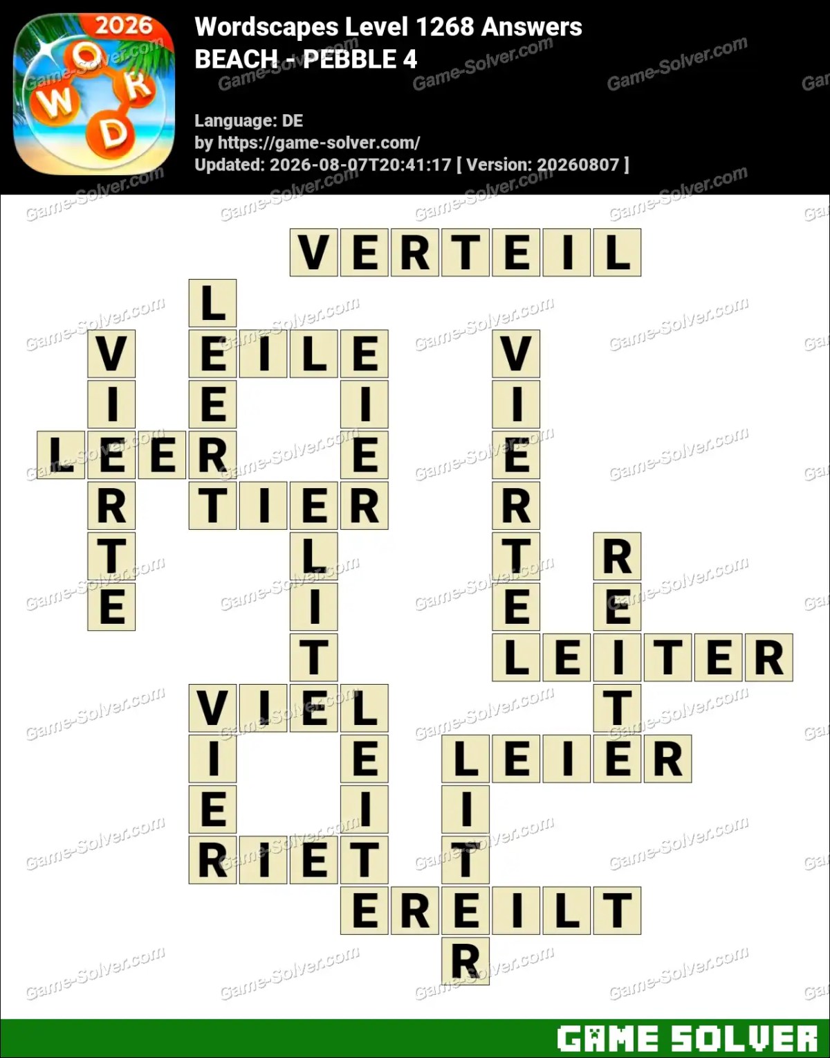 Wordscapes Deutsche Level 1268 Answers — BEACH - PEBBLE 4
