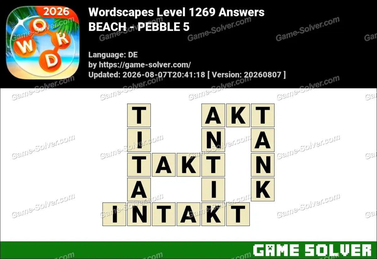 Wordscapes Deutsche Level 1269 Answers — BEACH - PEBBLE 5