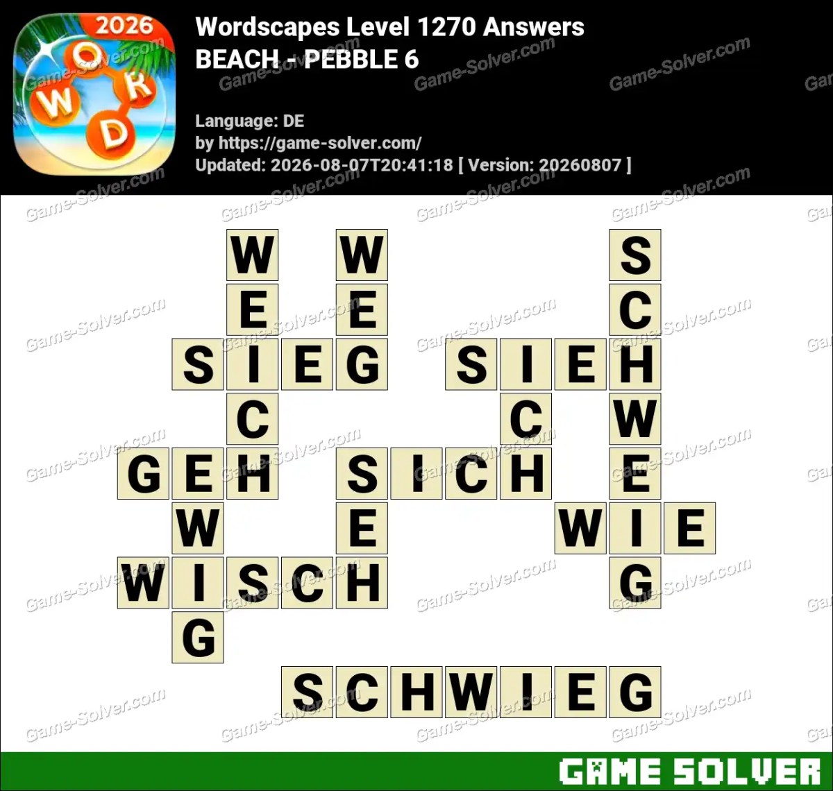 Wordscapes Deutsche Level 1270 Answers — BEACH - PEBBLE 6
