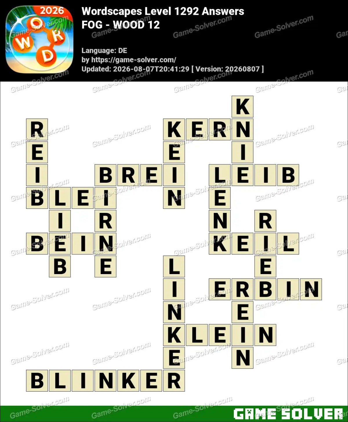 Wordscapes Deutsche Level 1292 Answers — FOG - WOOD 12