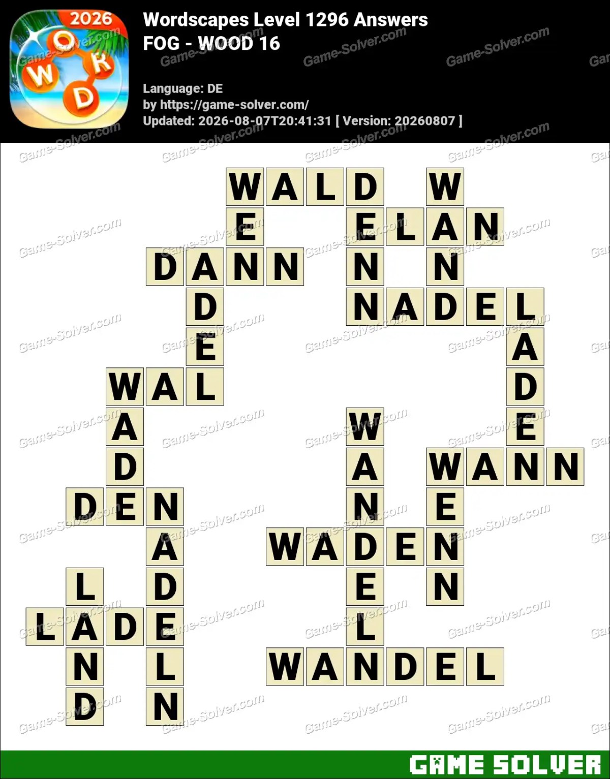 Wordscapes Deutsche Level 1296 Answers — FOG - WOOD 16