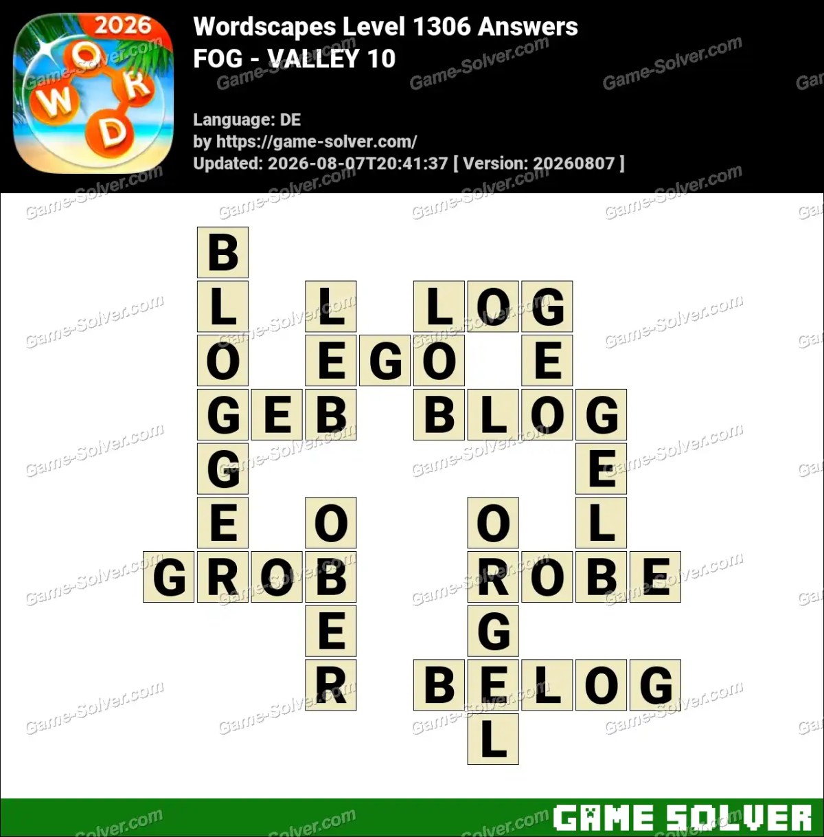 Wordscapes Deutsche Level 1306 Answers — FOG - VALLEY 10