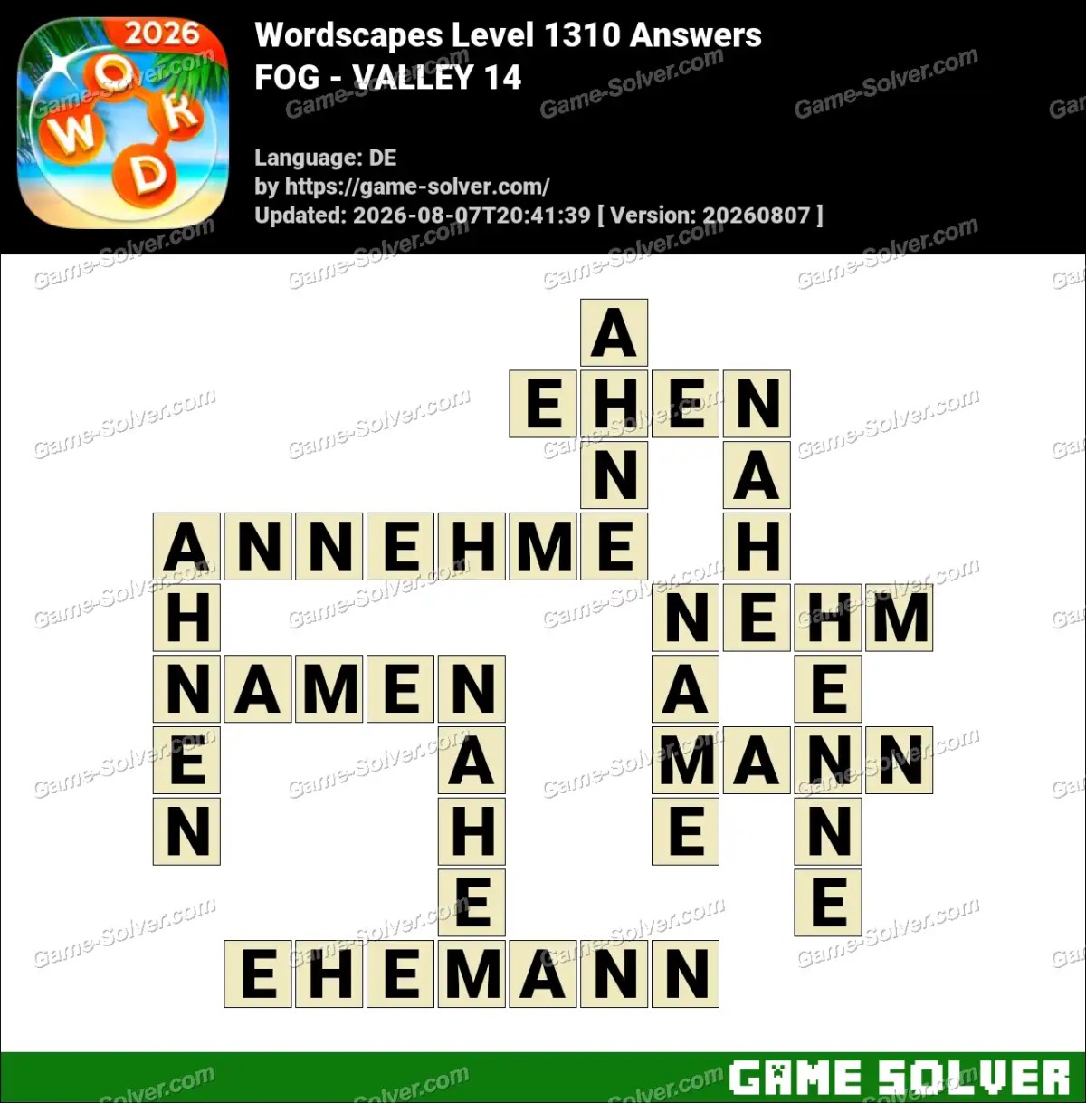 Wordscapes Deutsche Level 1310 Answers — FOG - VALLEY 14