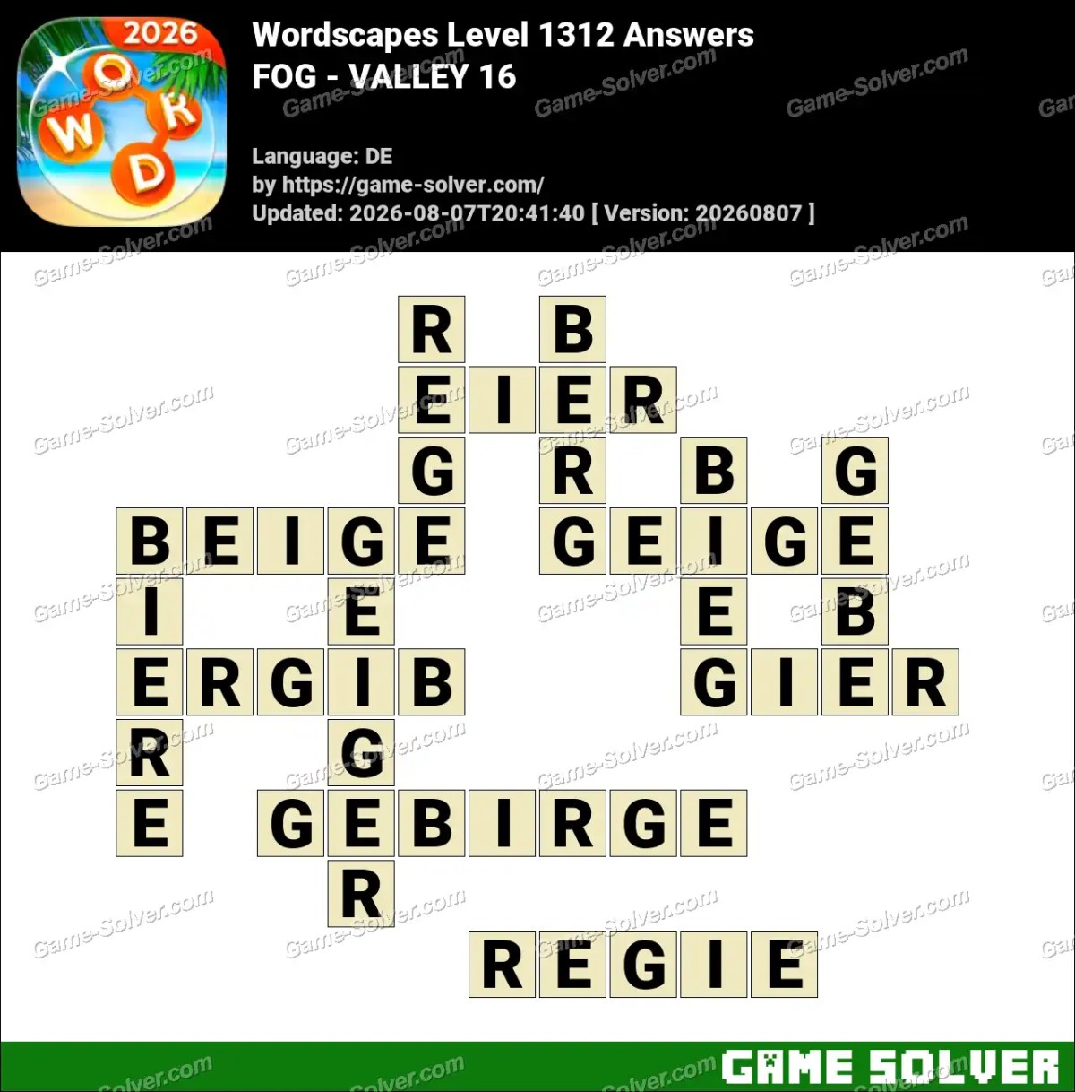 Wordscapes Deutsche Level 1312 Answers — FOG - VALLEY 16