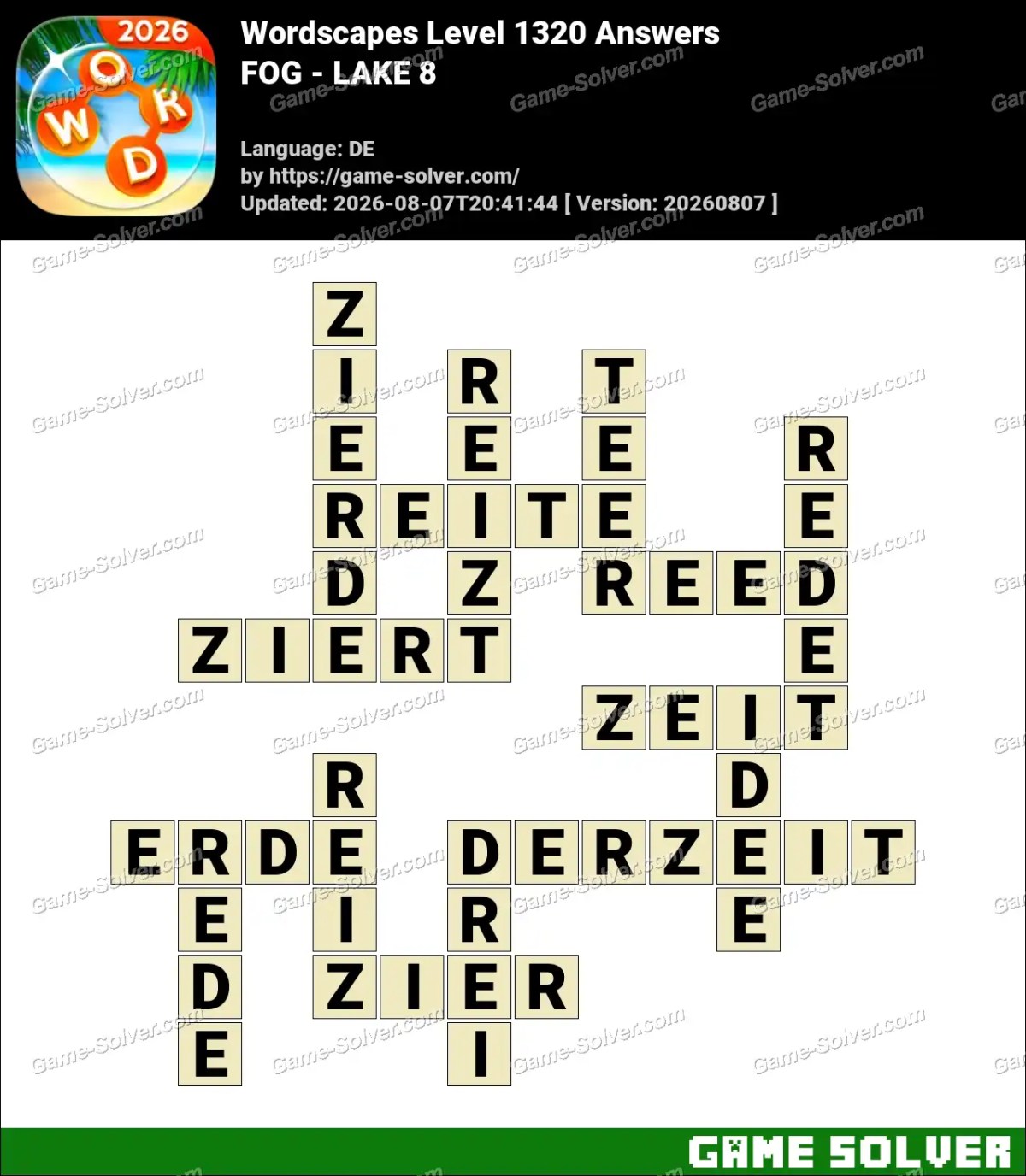 Wordscapes Deutsche Level 1320 Answers — FOG - LAKE 8