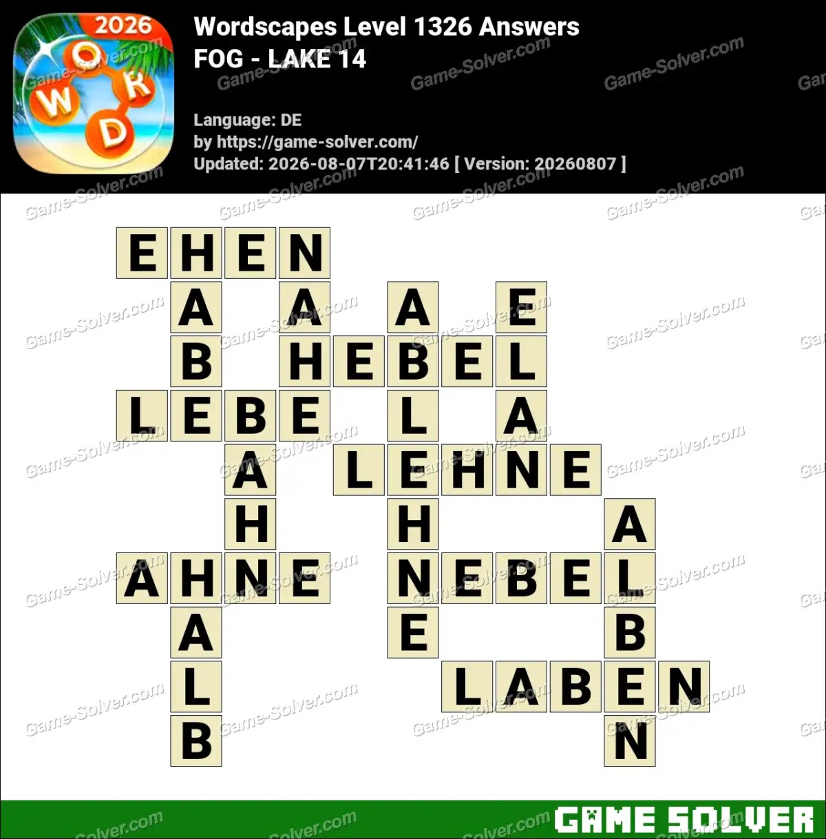 Wordscapes Deutsche Level 1326 Answers — FOG - LAKE 14
