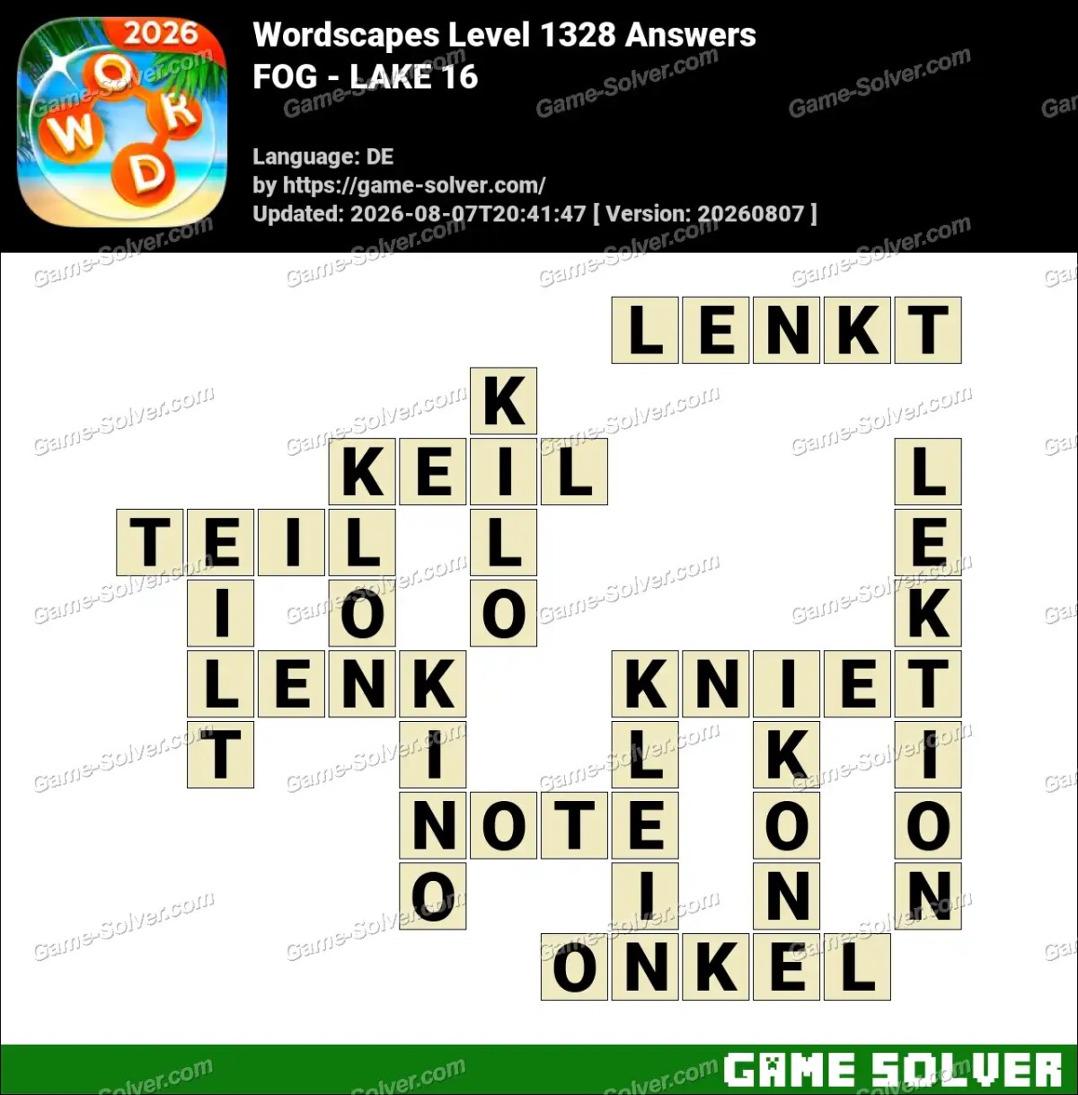 Wordscapes Deutsche Level 1328 Answers — FOG - LAKE 16