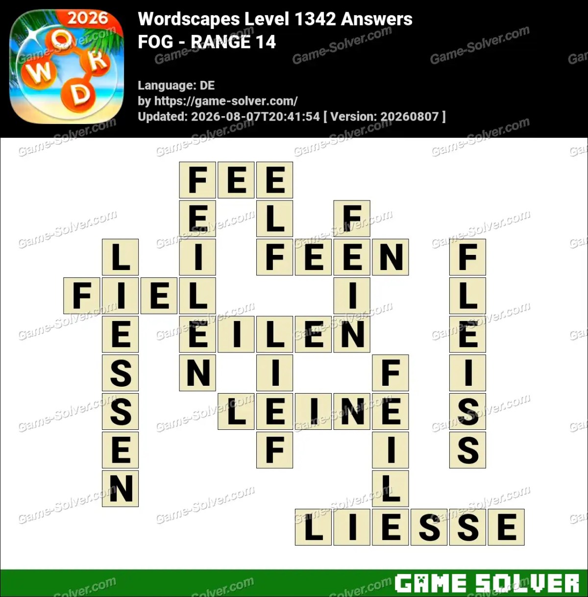 Wordscapes Deutsche Level 1342 Answers — FOG - RANGE 14