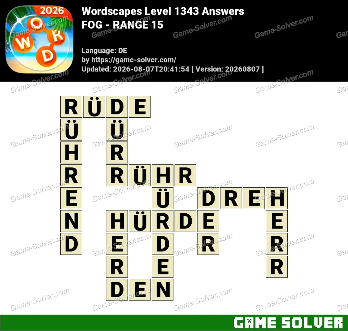Wordscapes Deutsche Level 1343 Answers — FOG - RANGE 15