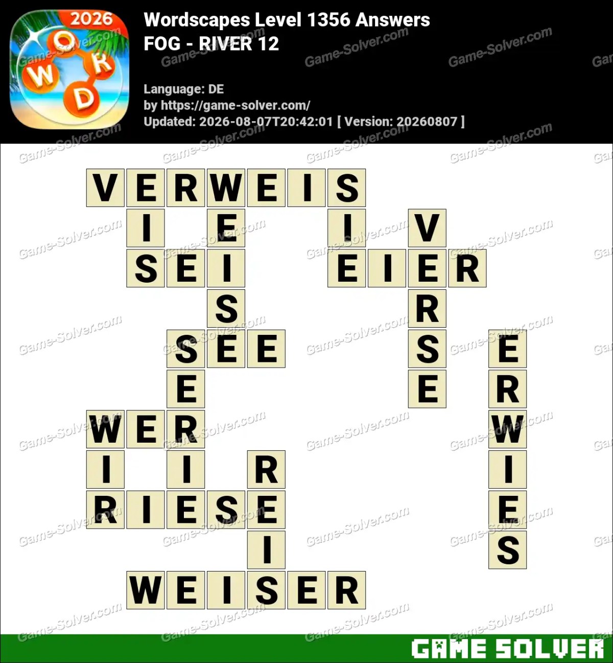 Wordscapes Deutsche Level 1356 Answers — FOG - RIVER 12