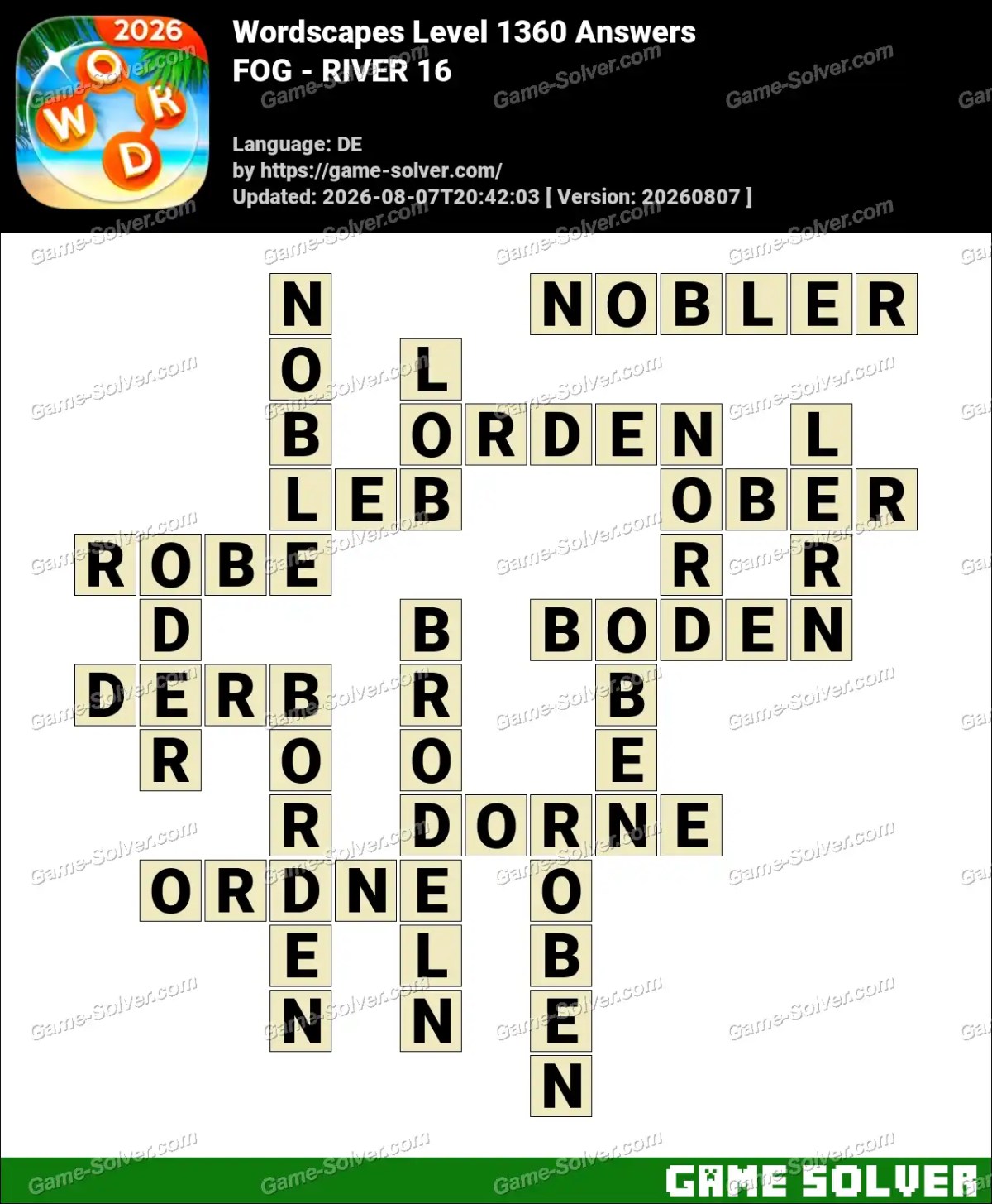 Wordscapes Deutsche Level 1360 Answers — FOG - RIVER 16