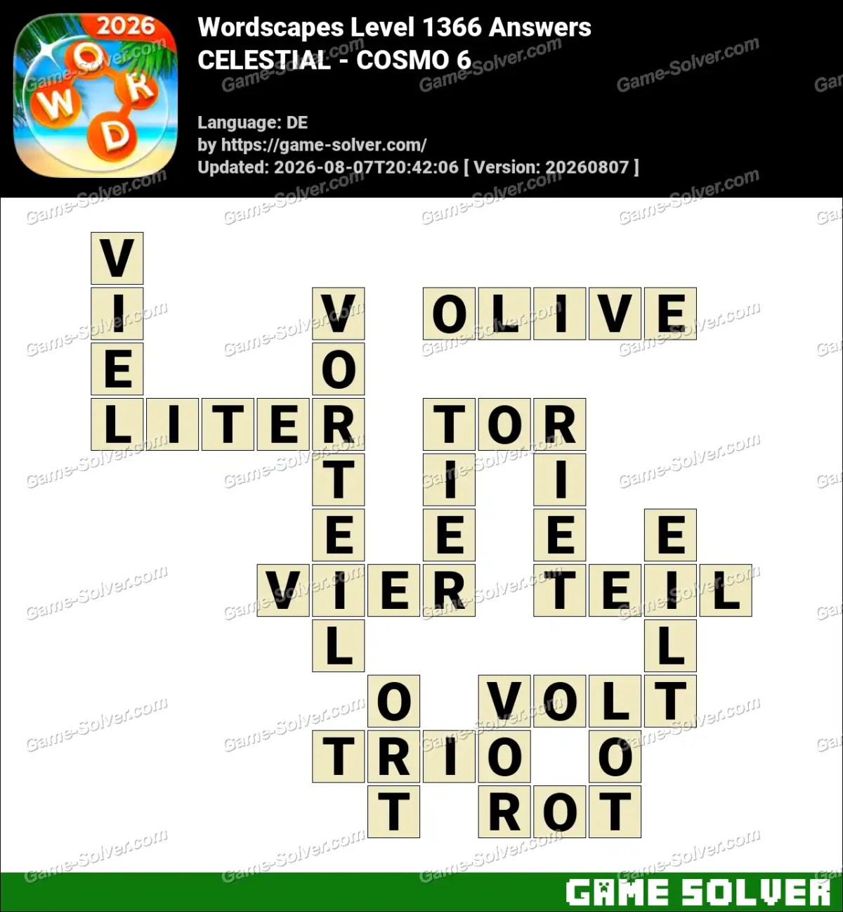 Wordscapes Deutsche Level 1366 Answers — CELESTIAL - COSMO 6