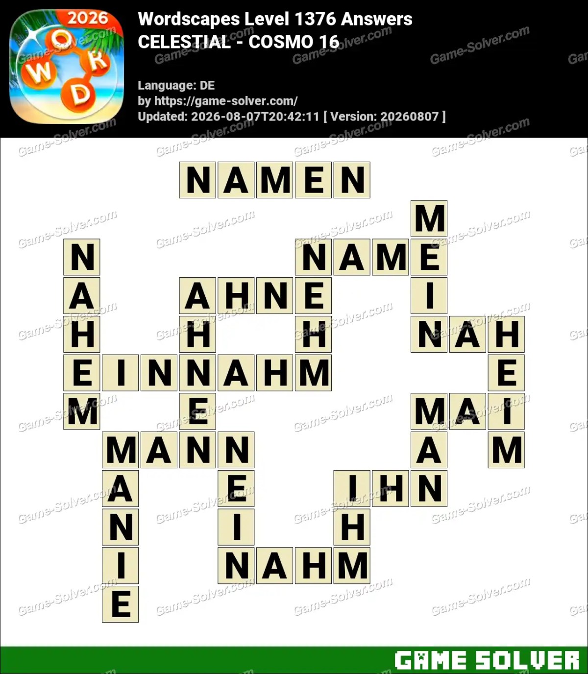 Wordscapes Deutsche Level 1376 Answers — CELESTIAL - COSMO 16