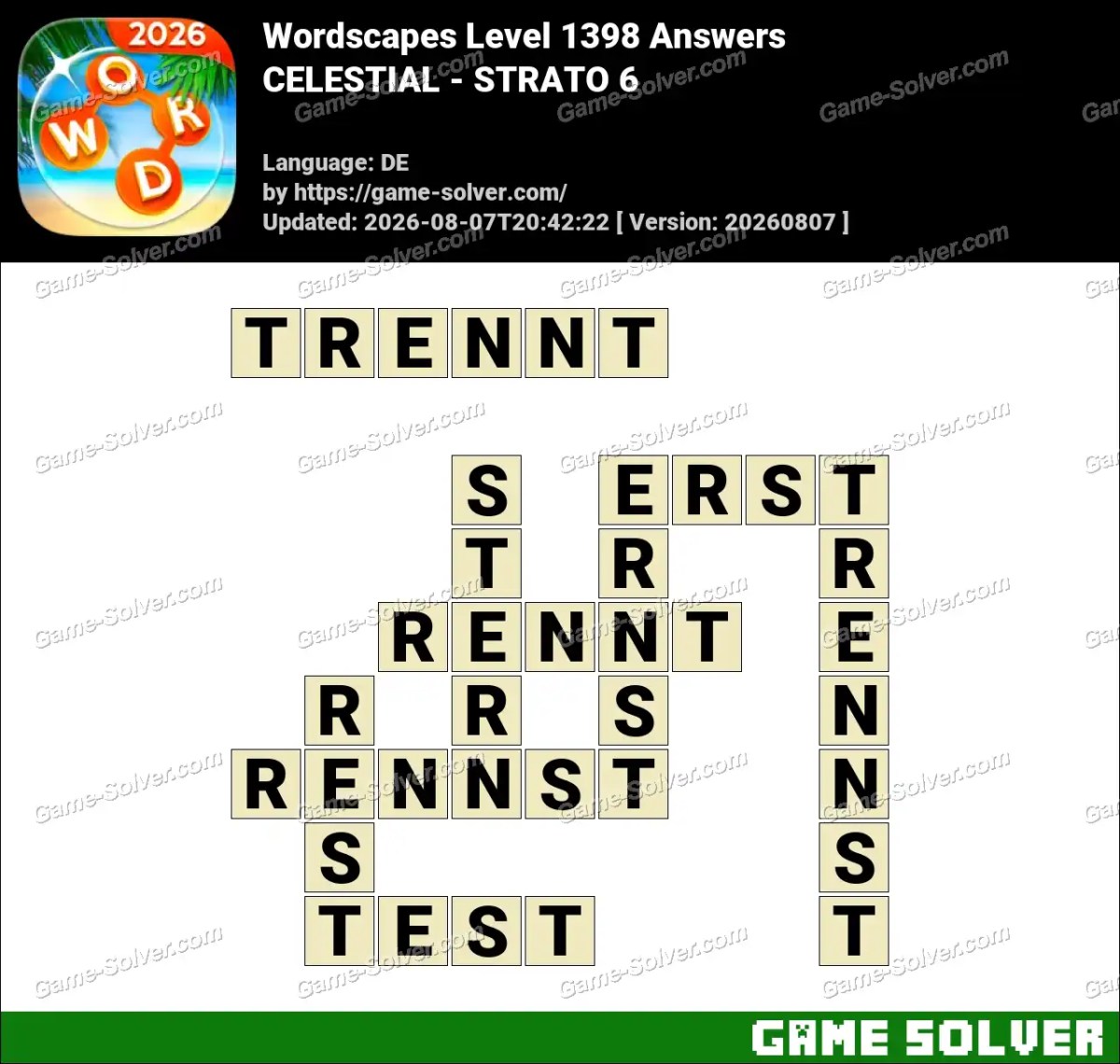 Wordscapes Deutsche Level 1398 Answers — CELESTIAL - STRATO 6
