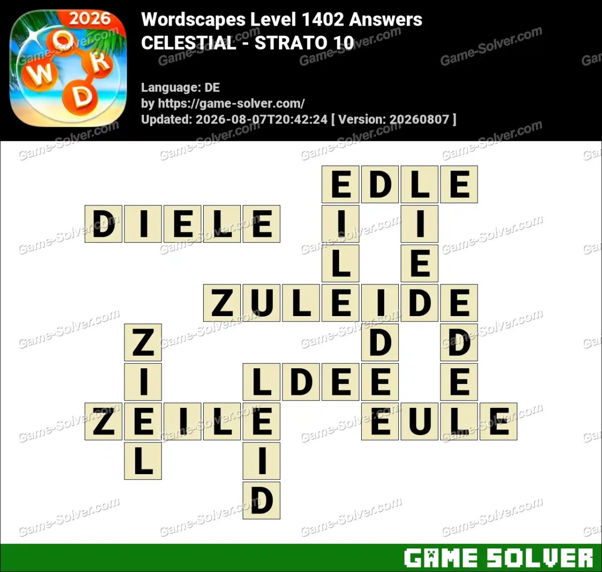 Wordscapes Deutsche Level 1402 Answers — CELESTIAL - STRATO 10