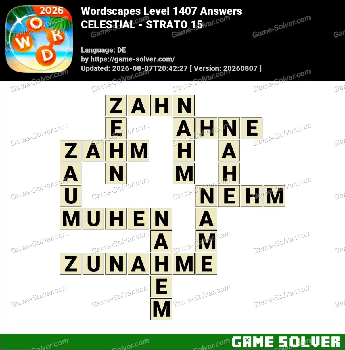 Wordscapes Deutsche Level 1407 Answers — CELESTIAL - STRATO 15