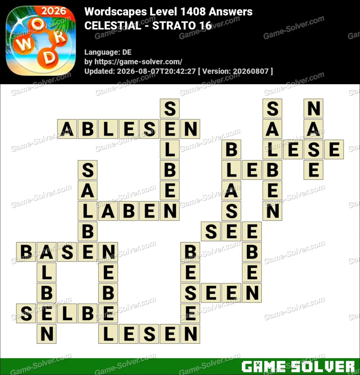 Wordscapes Deutsche Level 1408 Answers — CELESTIAL - STRATO 16