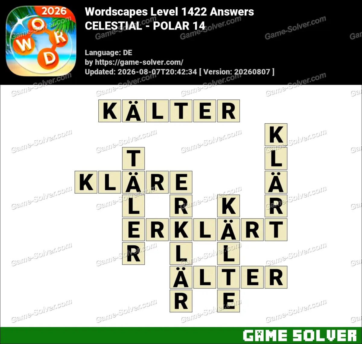 Wordscapes Deutsche Level 1422 Answers — CELESTIAL - POLAR 14