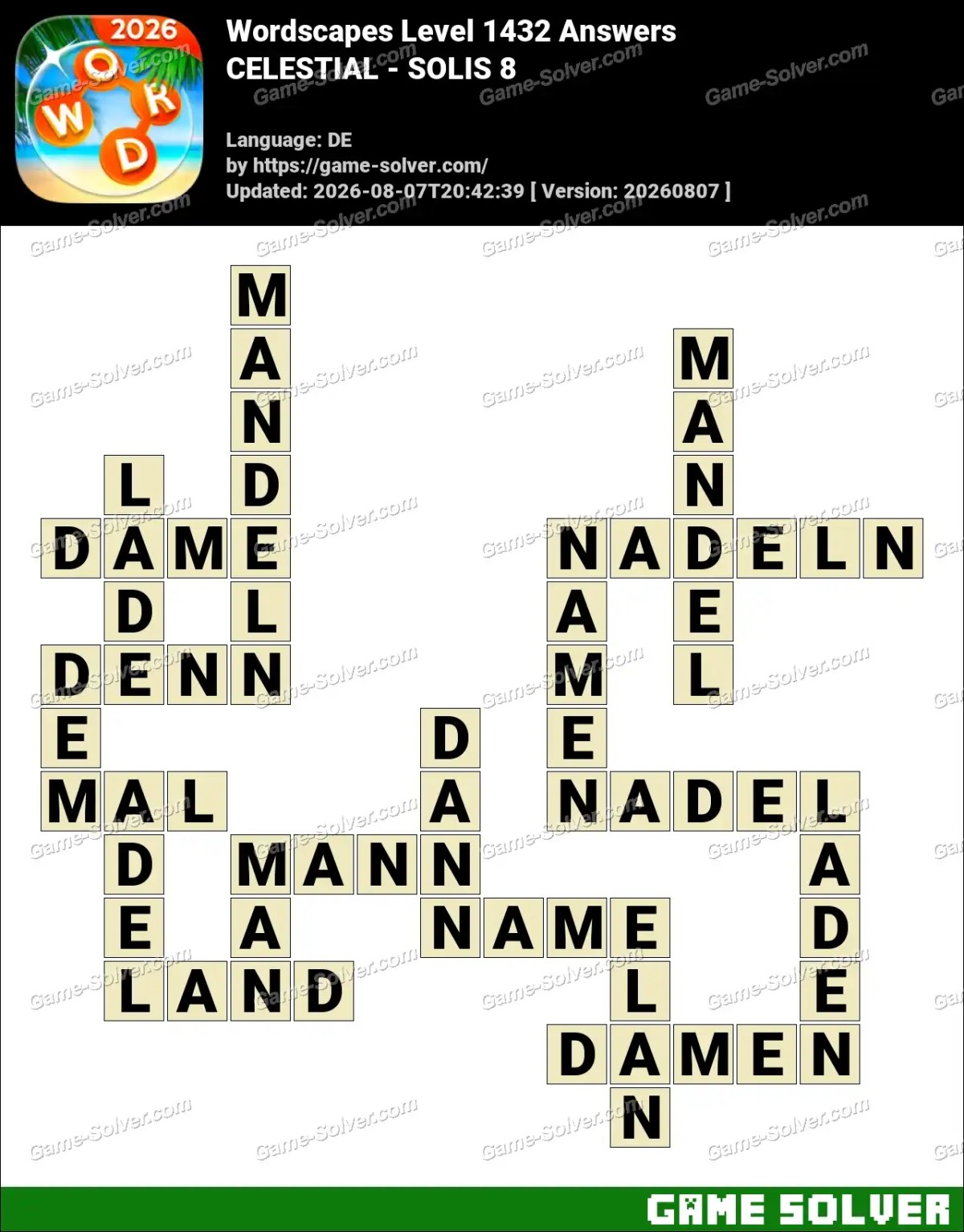 Wordscapes Deutsche Level 1432 Answers — CELESTIAL - SOLIS 8