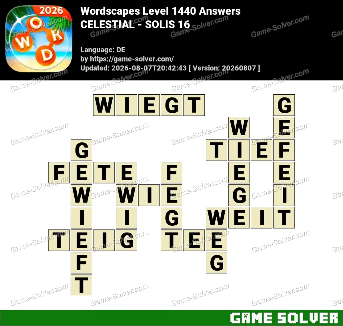 Wordscapes Deutsche Level 1440 Answers — CELESTIAL - SOLIS 16