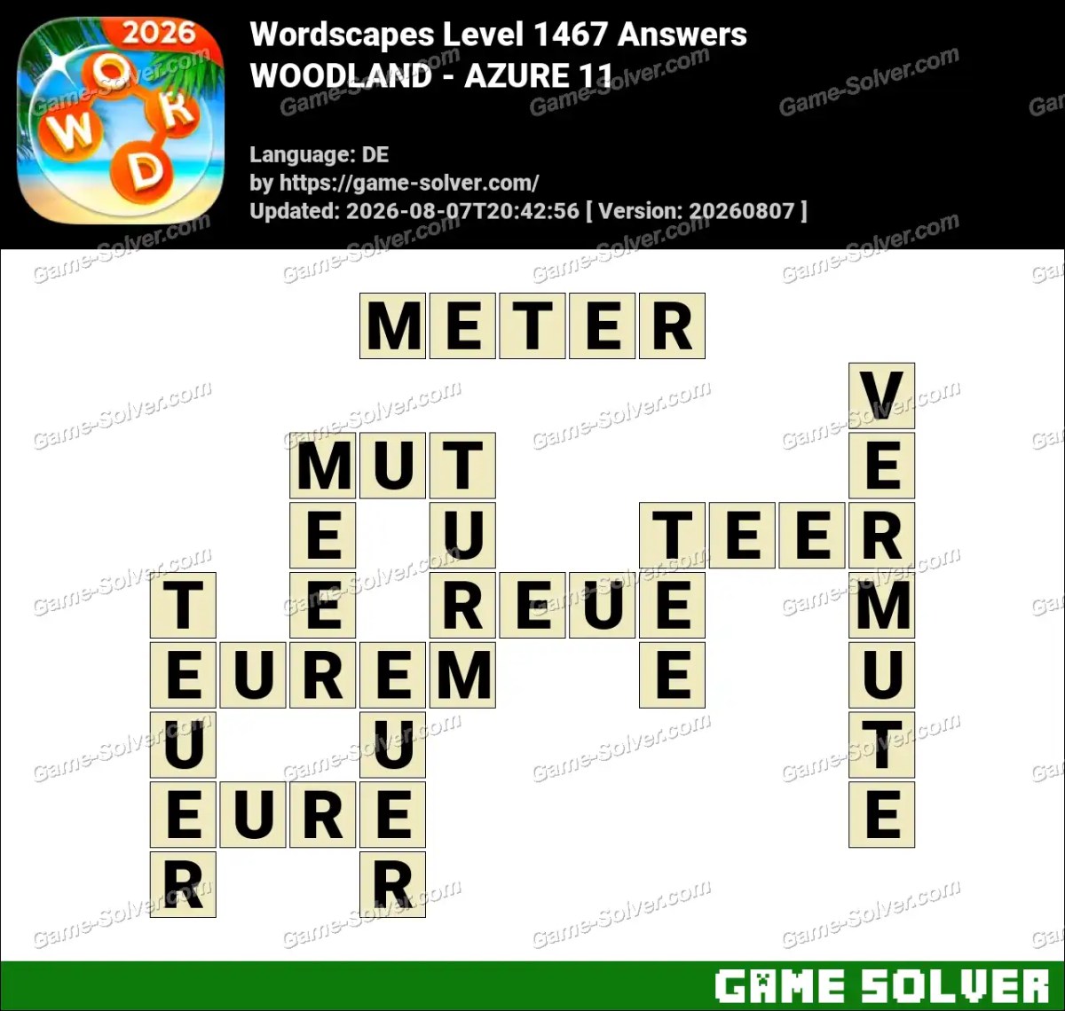 Wordscapes Deutsche Level 1467 Answers — WOODLAND - AZURE 11