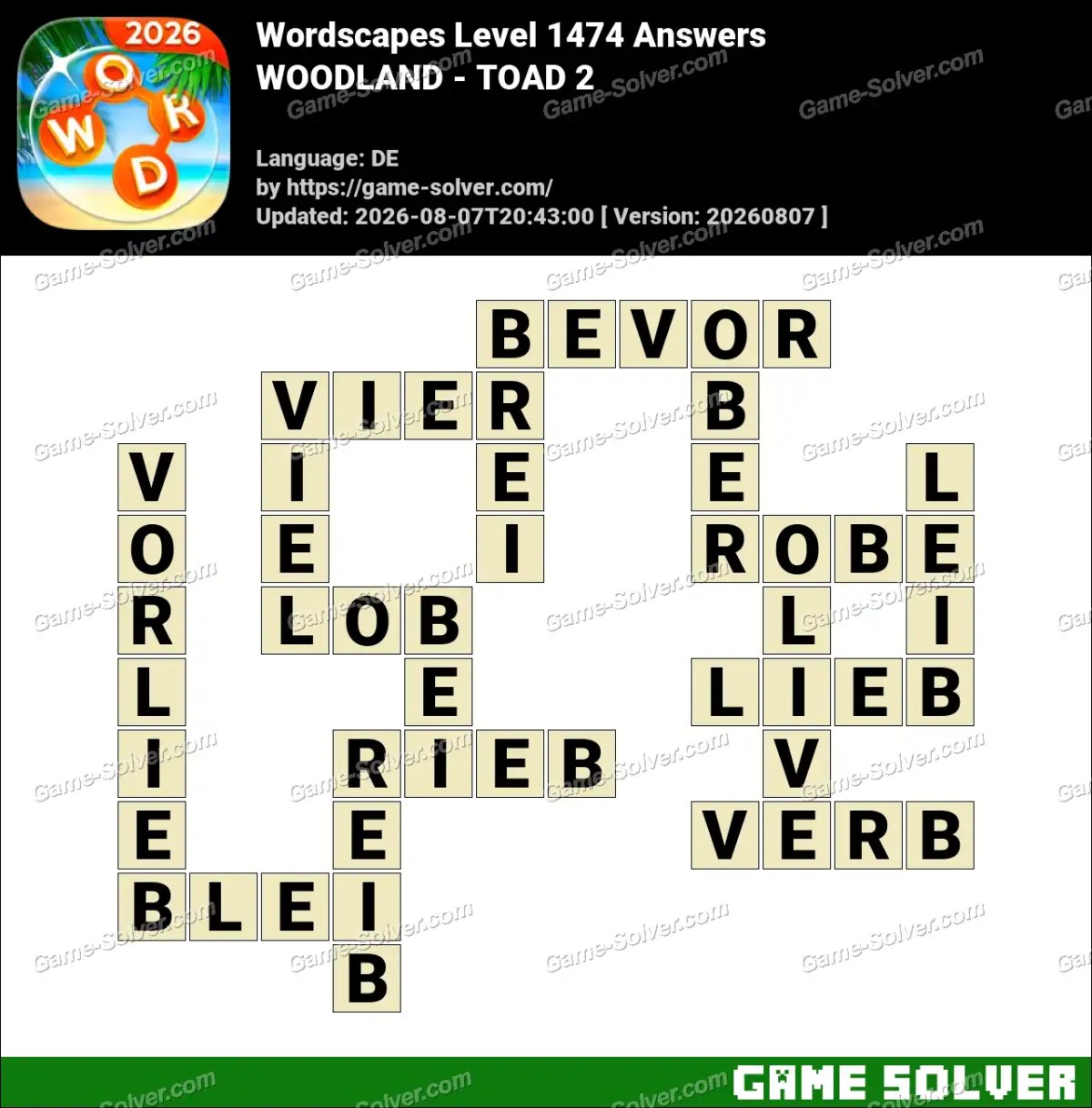 Wordscapes Deutsche Level 1474 Answers — WOODLAND - TOAD 2
