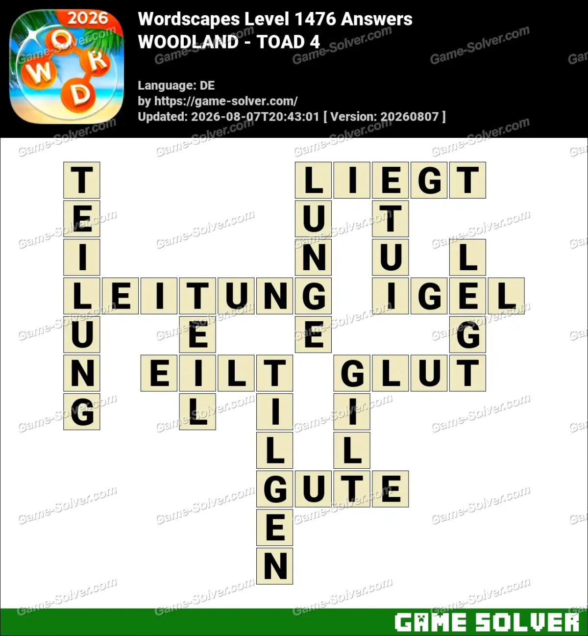 Wordscapes Deutsche Level 1476 Answers — WOODLAND - TOAD 4