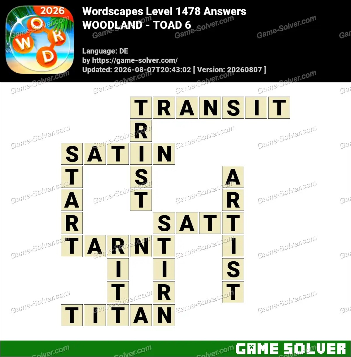 Wordscapes Deutsche Level 1478 Answers — WOODLAND - TOAD 6