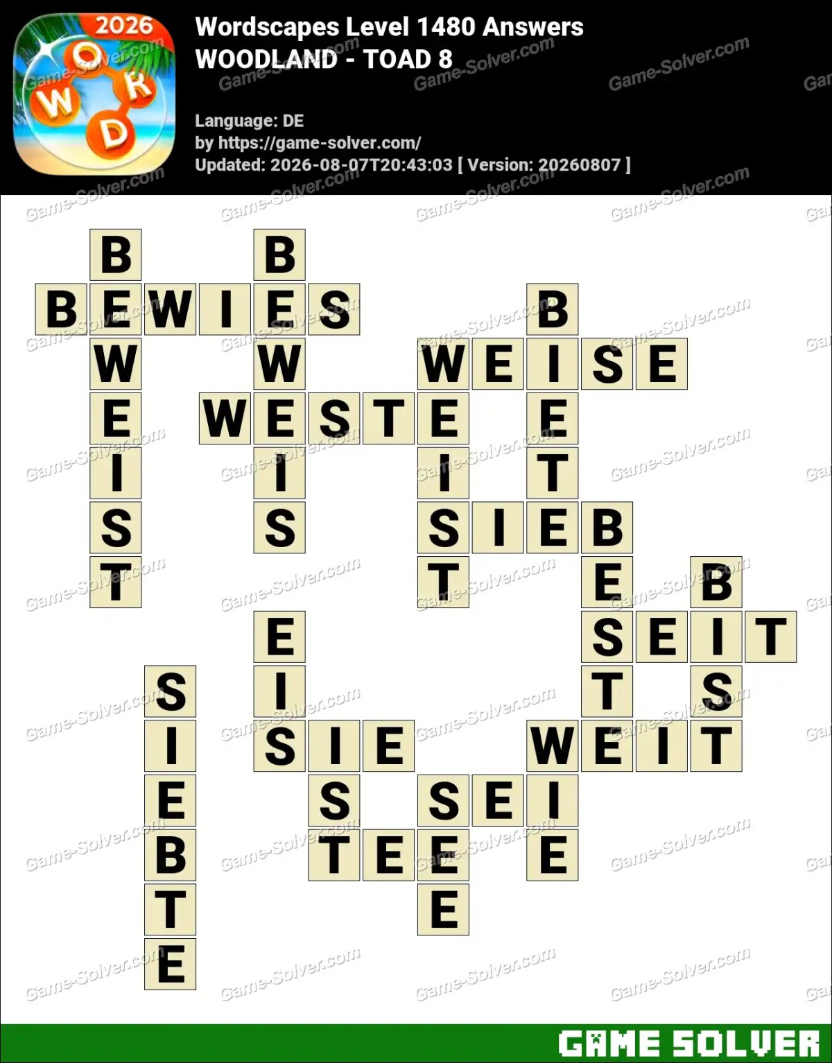 Wordscapes Deutsche Level 1480 Answers — WOODLAND - TOAD 8